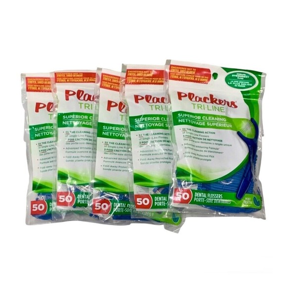 Lot Of 5 Plackers Tri-line Dental Flossers 50 Count Each Floss Sticks NEW Sealed - Picture 1 of 1